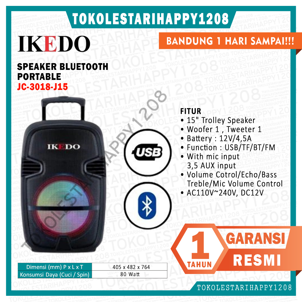 Speaker Portable IKEDO Bluetooth 15 inch JC-3018-J15 Bandung Murah