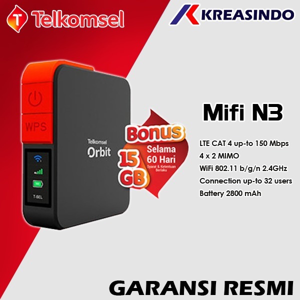 Telkomsel Orbit Mifi N3 HKM M23 Bonus Kuota Modem wifi 4G Garansi Resmi