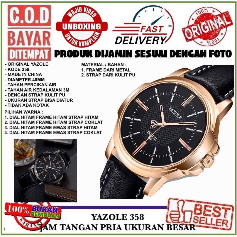C.O.D Yazole 358 Jam Tangan Pria Dewasa Keren Ukuran 46MM Quartz Anti Air Dengan Strap PU Kilat