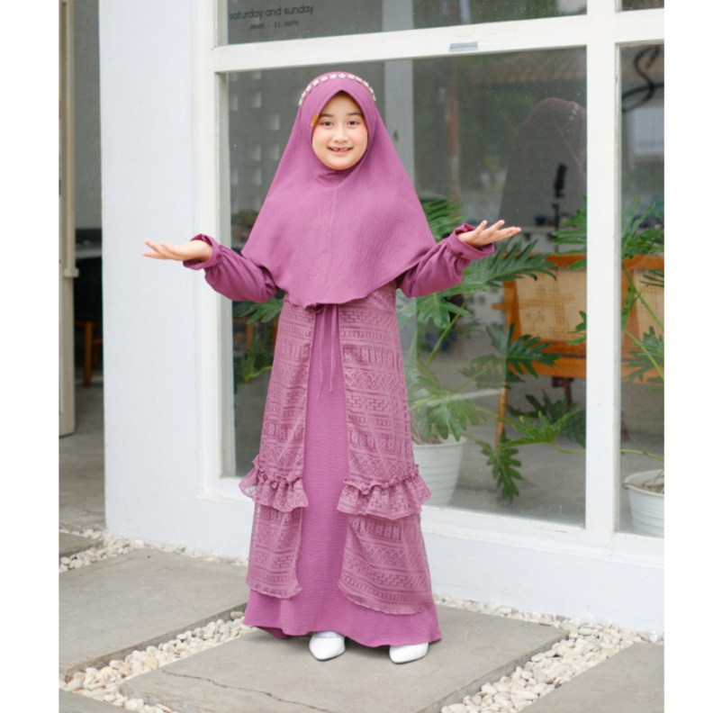 Puji Dress Gamis Crinkle Airflow Anak Perempuan Kombinasi Brokat Set Hijab 1-12 Tahun Dress Lebaran