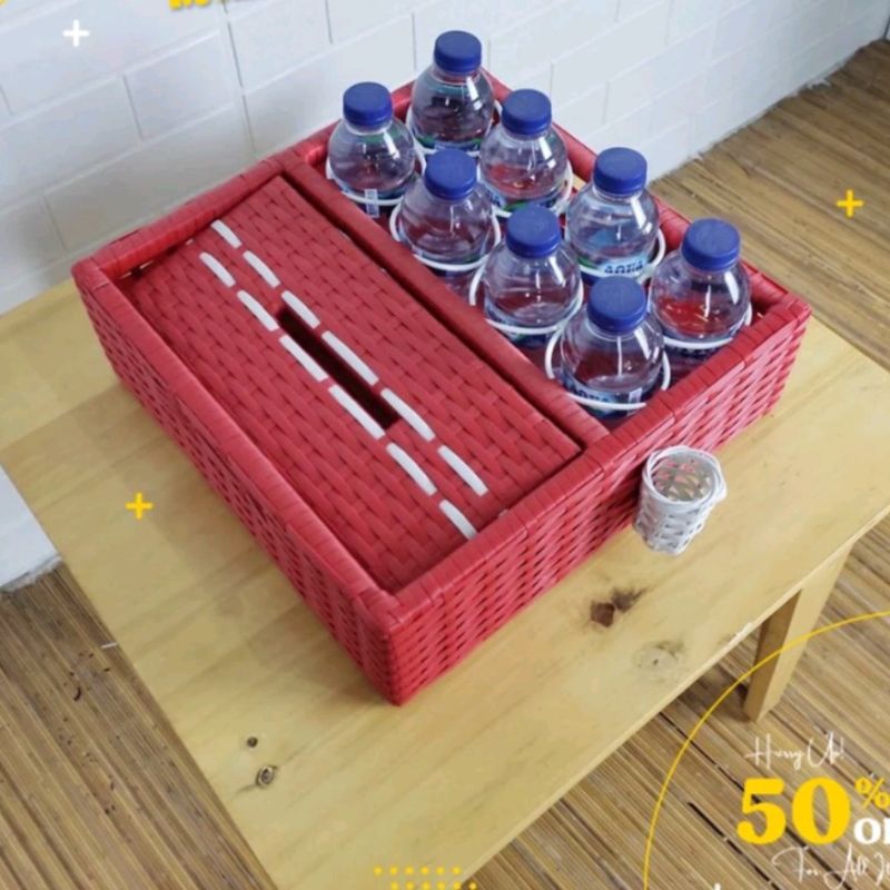 Tempat Aqua + Tisu Rotan Sintetis / Wadah Keranjang Air Mineral dan Box Tissue Rattan Synthetic
