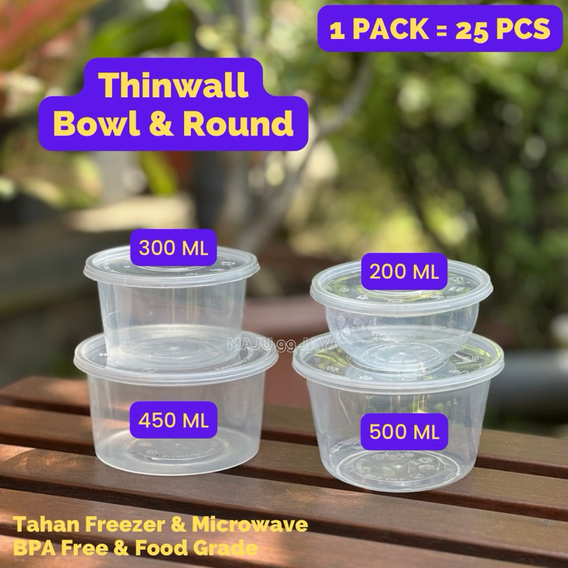 (25 PCS) Thinwall Bowl 200ml 500ml & Round 300ml 450ml Libra Bening Transparan Tebal Bagian Bawah Bu