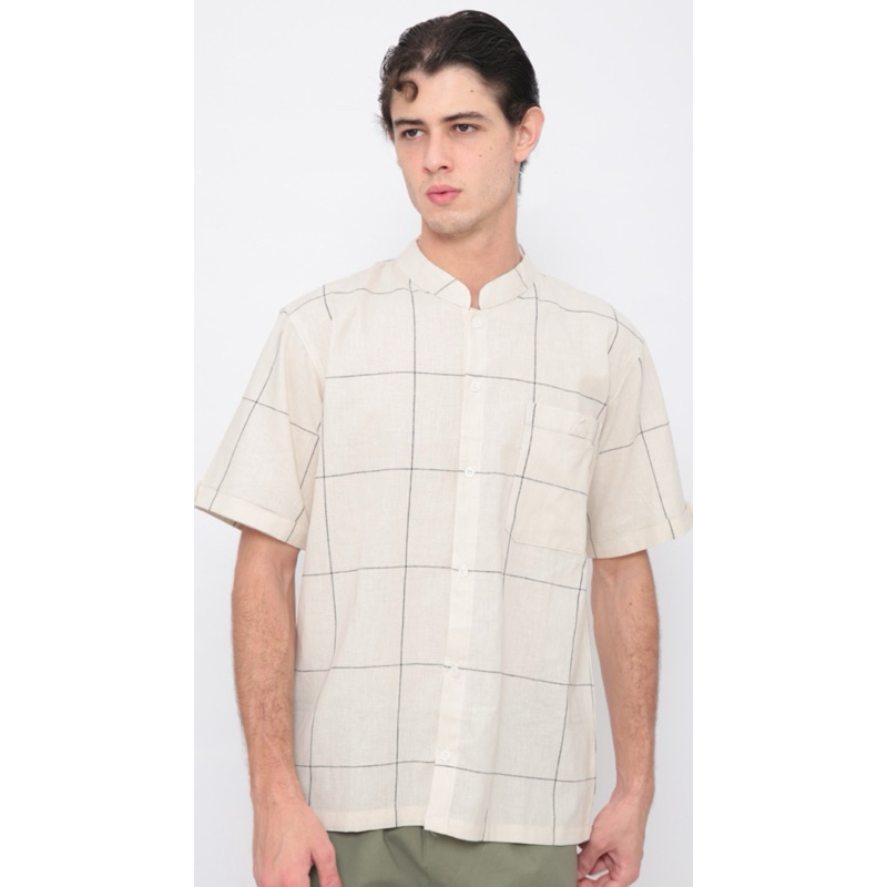 Kemeja koko motif kotak bahan katun linen premium