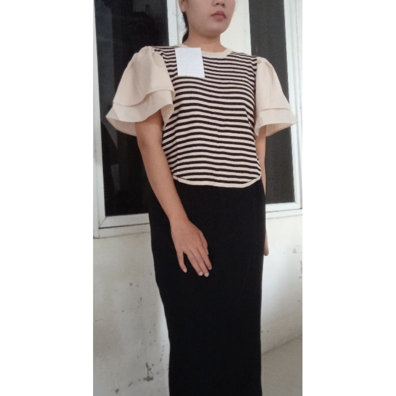 Atasan AYX Rajut wanita korea/design korea garis/lengan bunga/blouse korean style premium