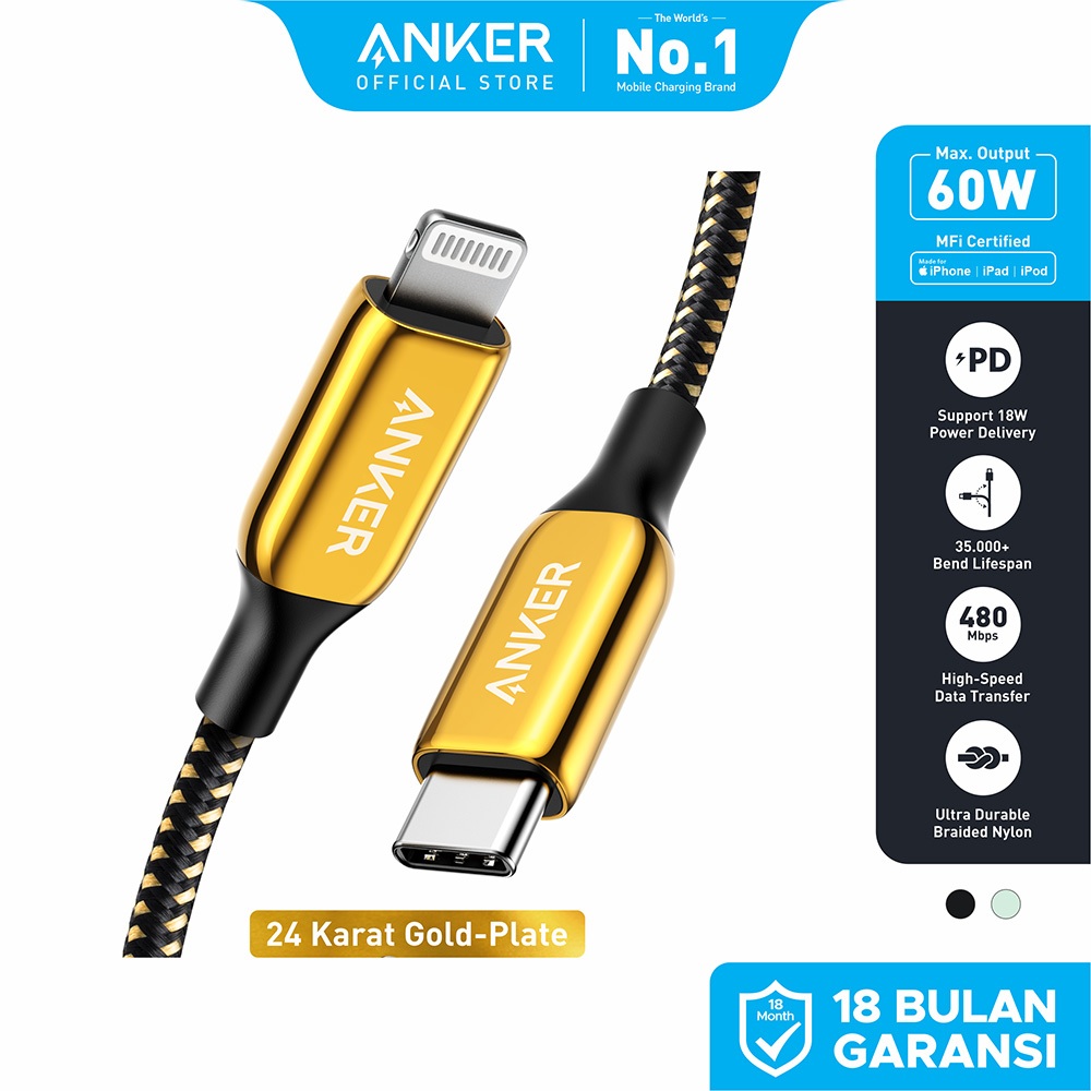 Kabel Charger Anker Special Edition 24K Gold USB-C to Lightning 6ft MFI IPhone 12/13 - A8843