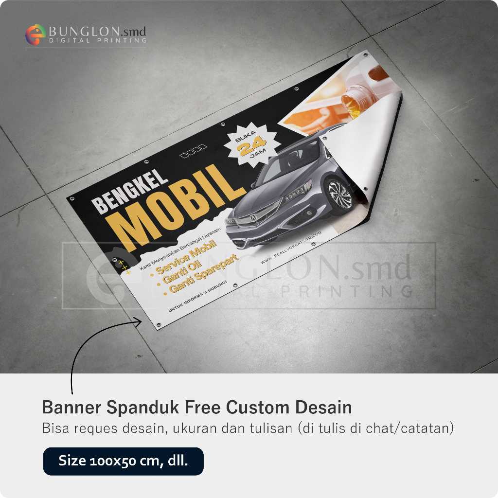PRINT CETAK SPANDUK BANNER BENGKEL WARNA HITAM PUTIH CUSTOM DESAIN