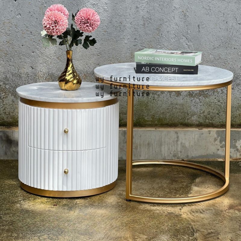 Coffe Table Marmer Kayu Mahoni Oven, Meja Kopi marmer, Meja tamu