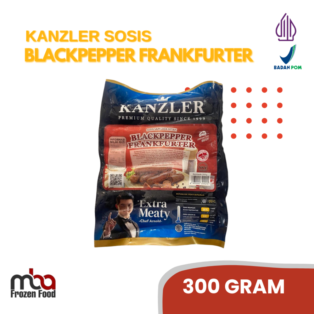 

Kanzler Blackpepper Frankfurter / Sosis Lada Hitam 300 Gram /Sosissapi /Sapi /Sosis /Daging /Kornet /Sate /Snack /Camilan /Dagingsapi /Dagingayam /Ayam /Frozen food