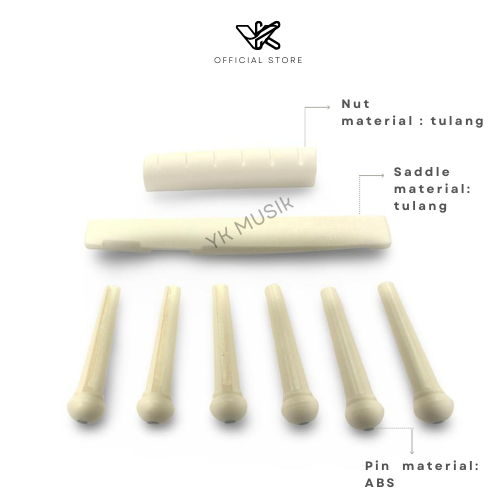 Pin Nut + Saddle Bridge Gitar Akustik/Guitar Acoustic Bone Tulang Sapi 1 Set
