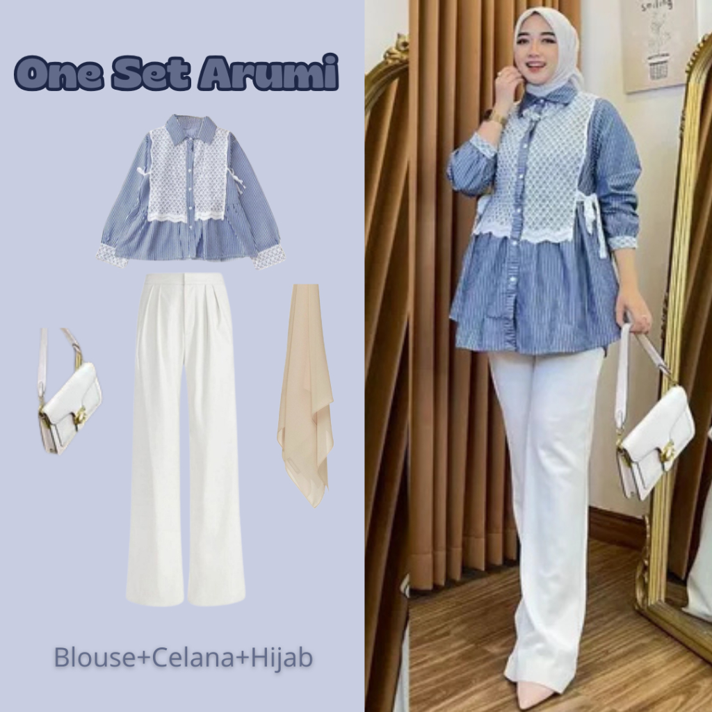 One Set Arumi (Blouse+Celana+Hijab) Ootd Wanita Kekinian Keren