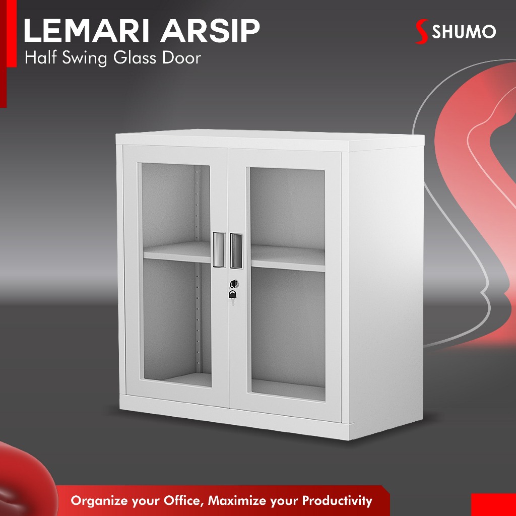 SHUMO Super White | Lemari Arsip Besi Pendek 2 Pintu Swing Kaca