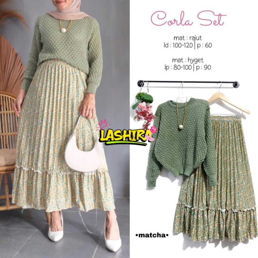 Corla baju setelan one set rok blouse kaos rajut wanita muslim jumbo ld 120 premium kekinian terbaru