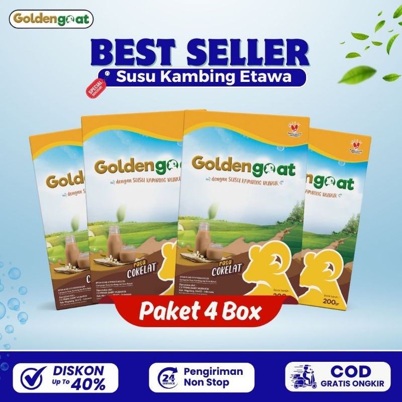 

PAKET 4 BOX GOLDENGOAT COKLAT SUSU KAMBING ETAWA BUBUK ORIGINAL MURAH ATASI SESAK NAFAS NYERI SENDI TULANG LUTUT PUNGGUNG REUMATIK