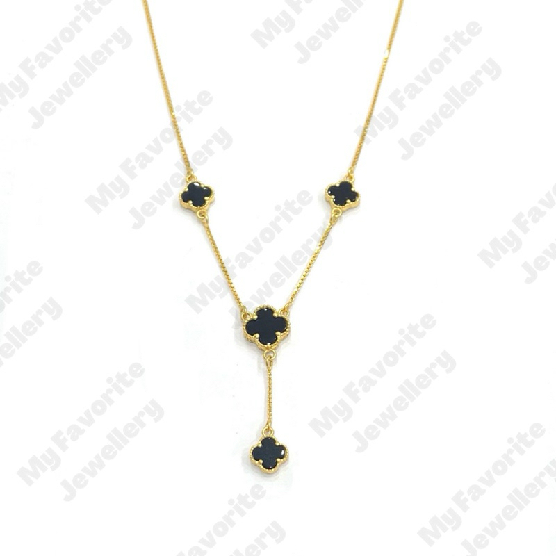 Kalung Clover Hitam Rumbai Emas Asli kadar 700 16K