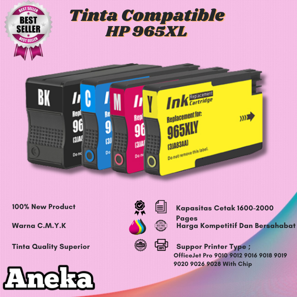 Cartridge Tinta Compatible HP 965XL 965 Printer OfficeJet Pro 9010 9018 Plus Chip