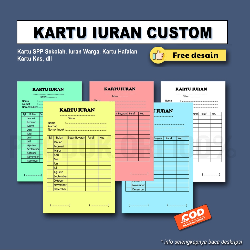 

Kartu iuran custom free desain ukuran 1/2 Folio (16 x 21cm)