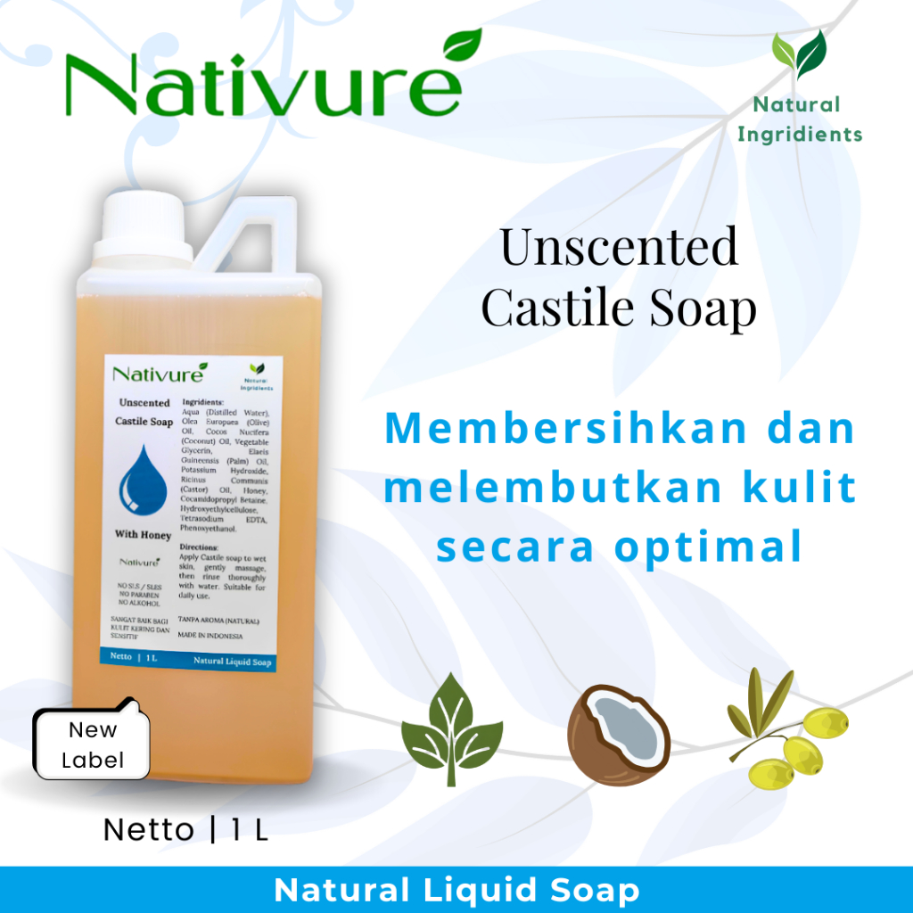 Nativure - Sabun Cair Castile Soap Natural Unscented 1L | Base Zaitun Organik untuk Kulit Sensitif