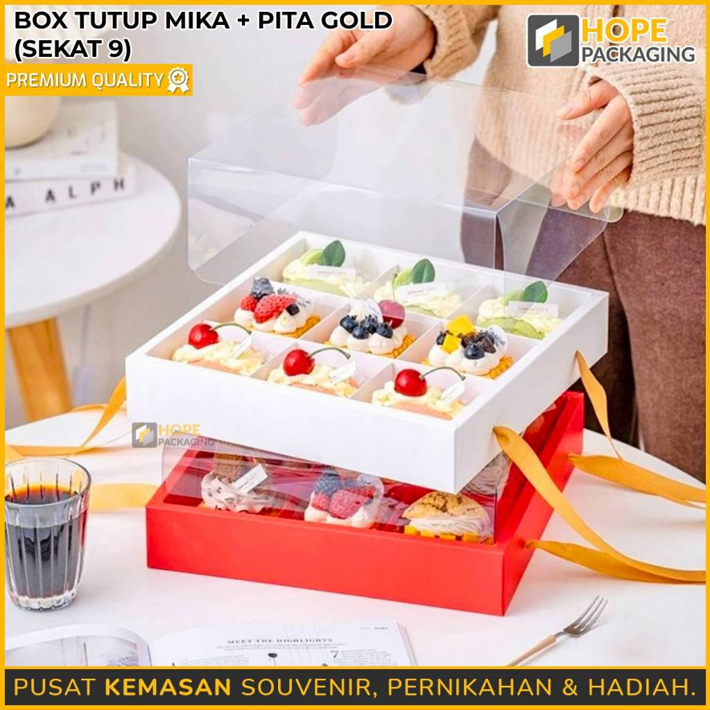 

Box Tutup Mika Sekat 9 + Pita Gold /Kertas Mika Kue Natal /Kotak Mika Transparan /Kotak Kue Sekat Hampers /Packaging Cupcake Pudding