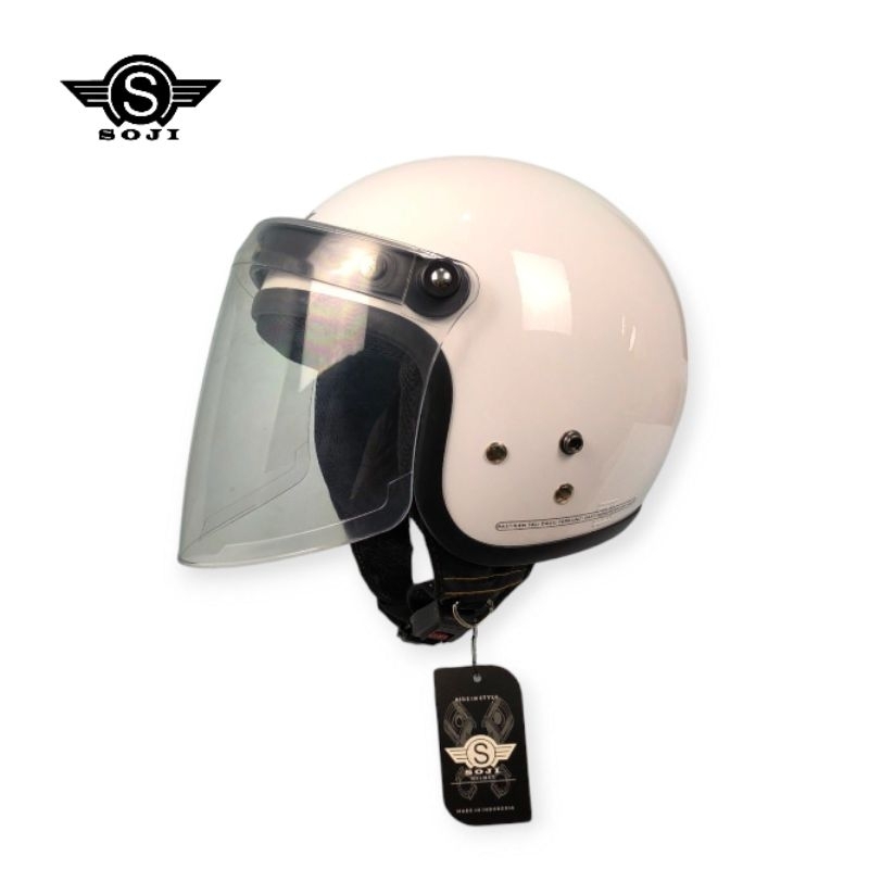 Helm Soji Retro Classic Reno List Hitam Paket Kaca Venom Bening / Helm Bogo / Helm Pria Wanita / SNI