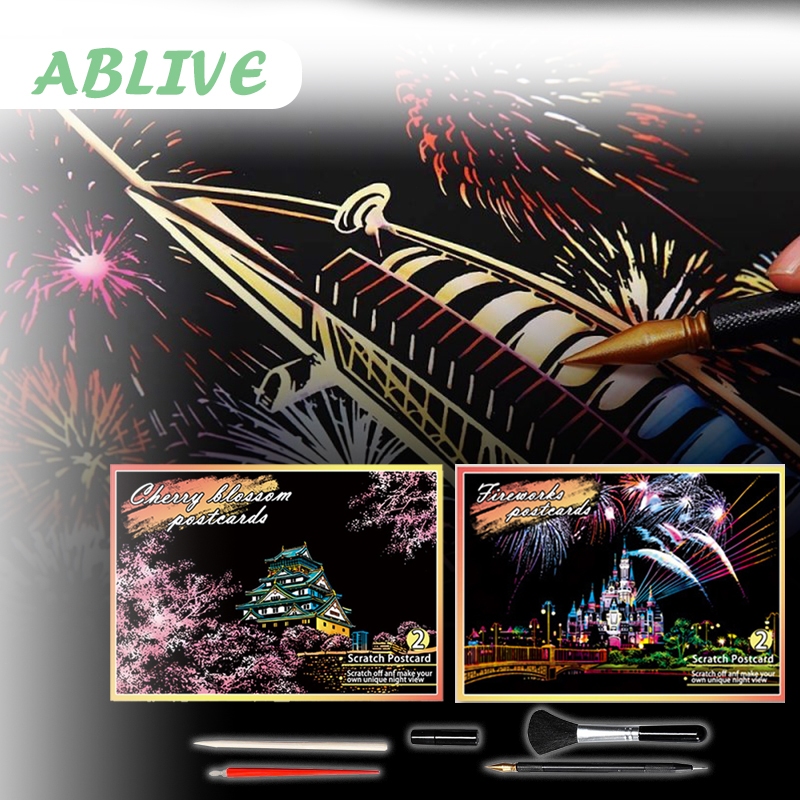 

Isi 4 Scratch Postcard Kartu Pos Diy Painting Scratch Gliter Paint Dengan Goresan