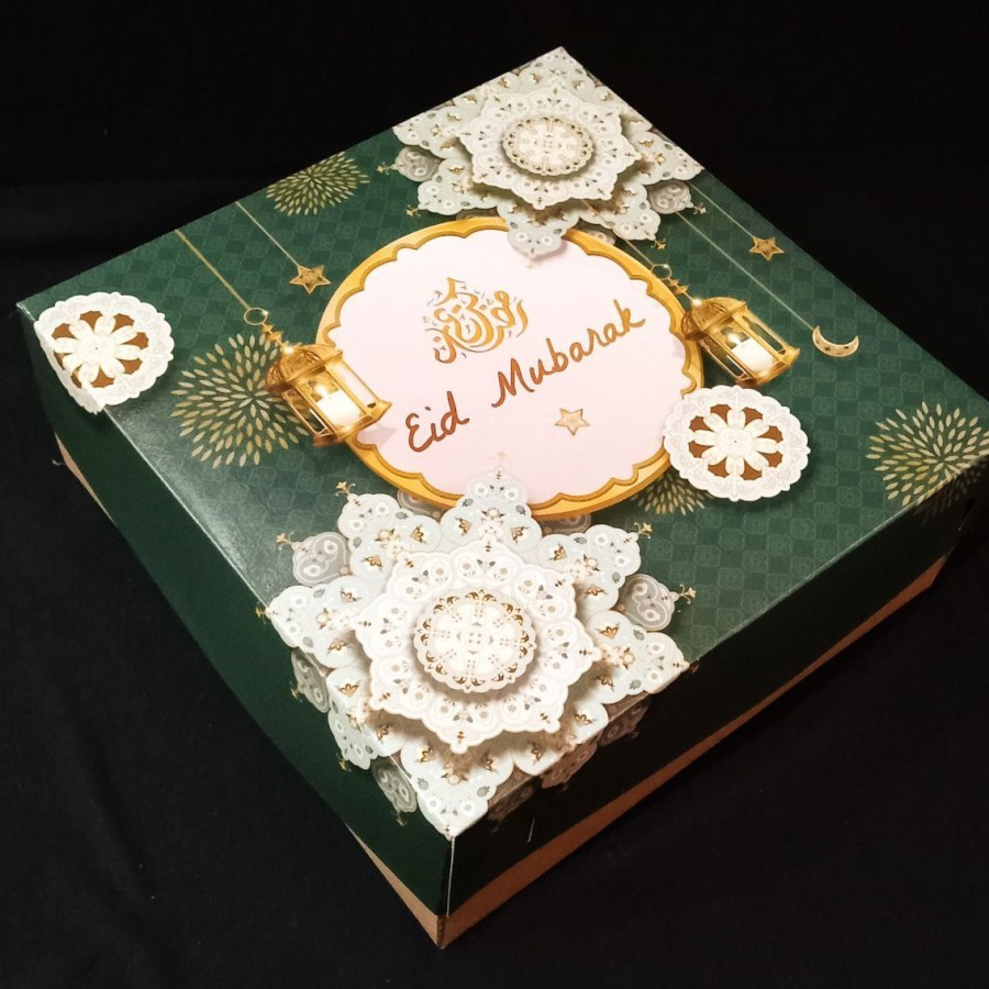 

( 10 pcs ) cake box lebaran motif lentera hijau tua packaging kue lapis legit dus duplex edisi eid mubarak 18x18x10 cm