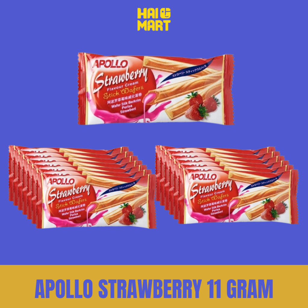

Apollo Stick Wafer Biskuit Berkrim Chocolate Strawberry 11 gram