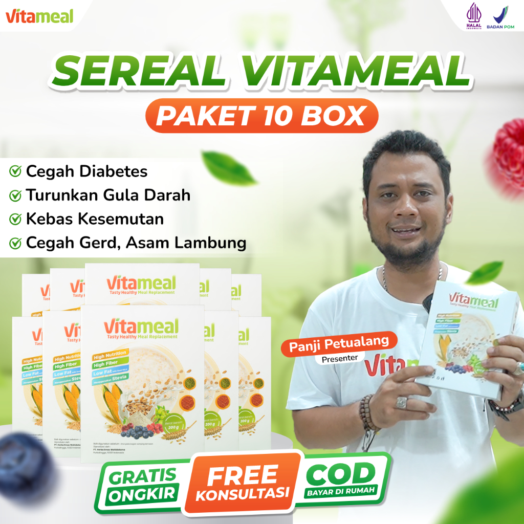 

PAKET 10 BOX VITAMEAL - Sereal Sehat Bantu Atasi Gula Darah Tinggi Mencegah Diabetes Melitus Kencing Manis Mengobati Kebas Kesemutan Kolesterol Tinggi Sereal Diet Sehat Cereal Vitamil Vitamale Vitameel