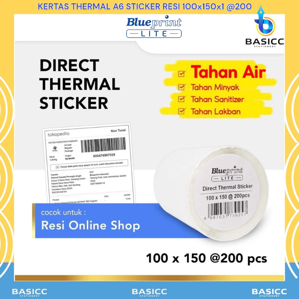 

Blueprint Kertas Thermal A6 Sticker Resi 100x150x1 @200 Pcs | Per Roll