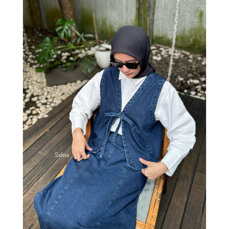 Faya Set Denim VEST + SKIRT One Set Wanita Rompi + Rok Vest Rok Denim Vest Denim Rok Denim Vest