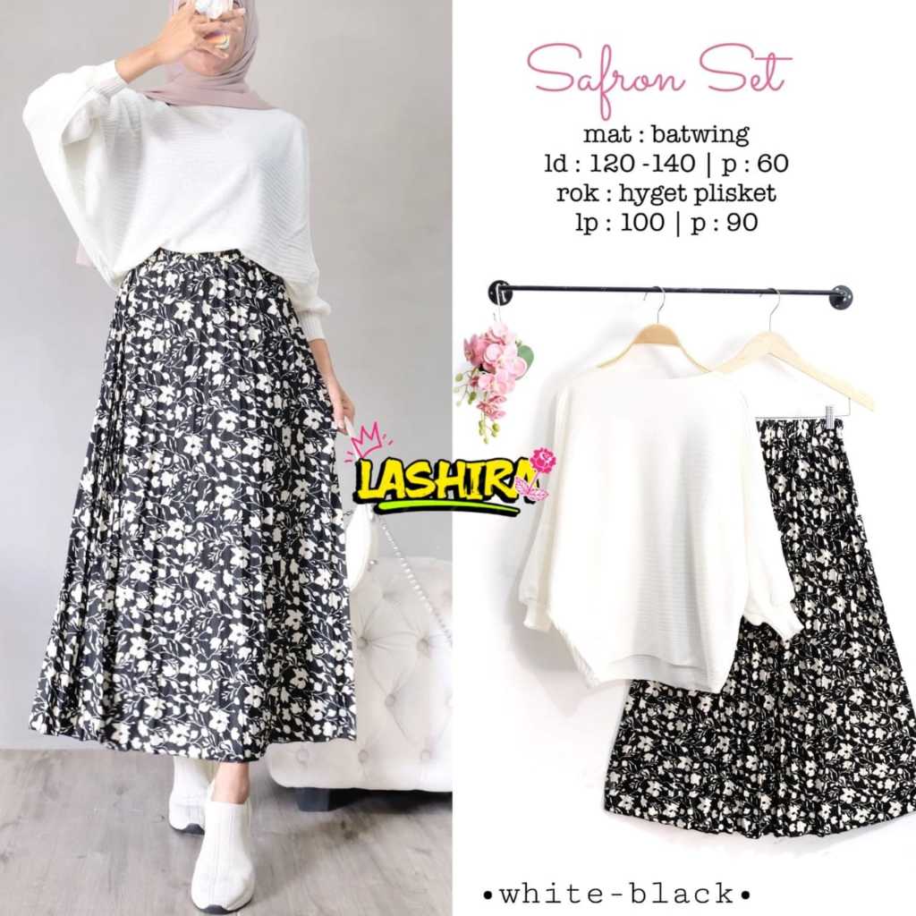 Safron Outfit Hijab Korean Style Setelan Blouse dan Rok Plisket Terbaru 2025 One set Premium
