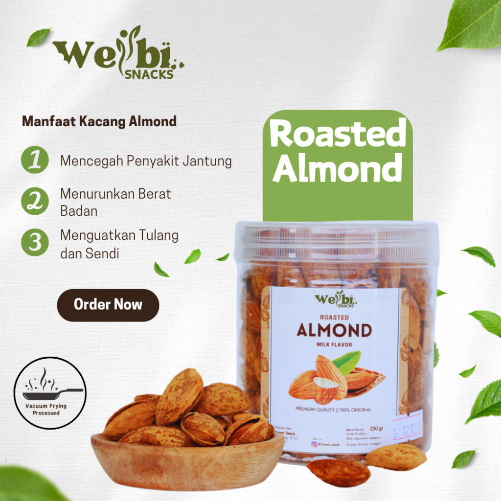 

Roasted Almond Milk Flavored Kacang Almond Panggang Kulit Cemilan Sehat Halal Wellbi Snack 250gr