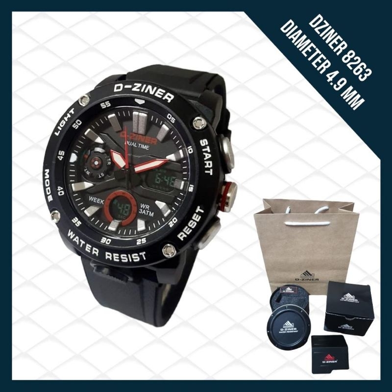 Jam Tangan Pria D-Ziner 8263 Dual Time Analog Digital  Casual Elegan Free Box