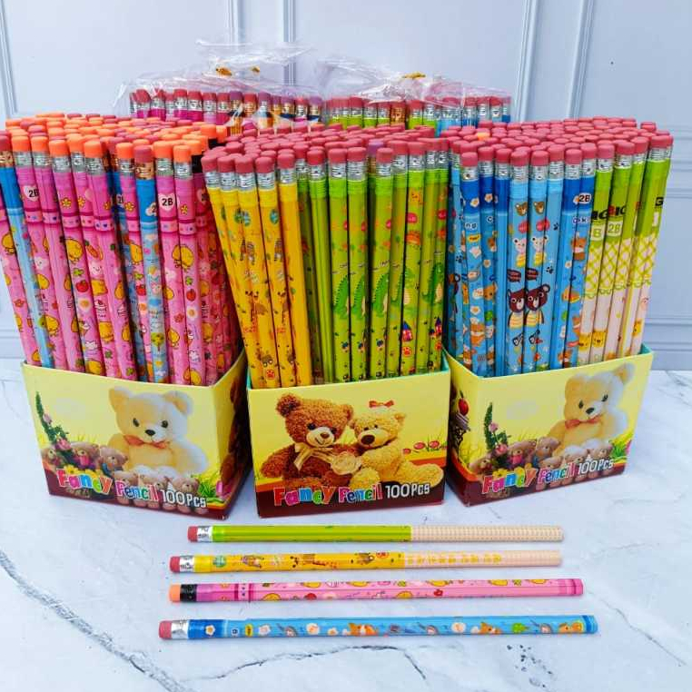 

100 PCS PENSIL 2B KARAKTER FANCY ADA PENGHAPUSNYA
