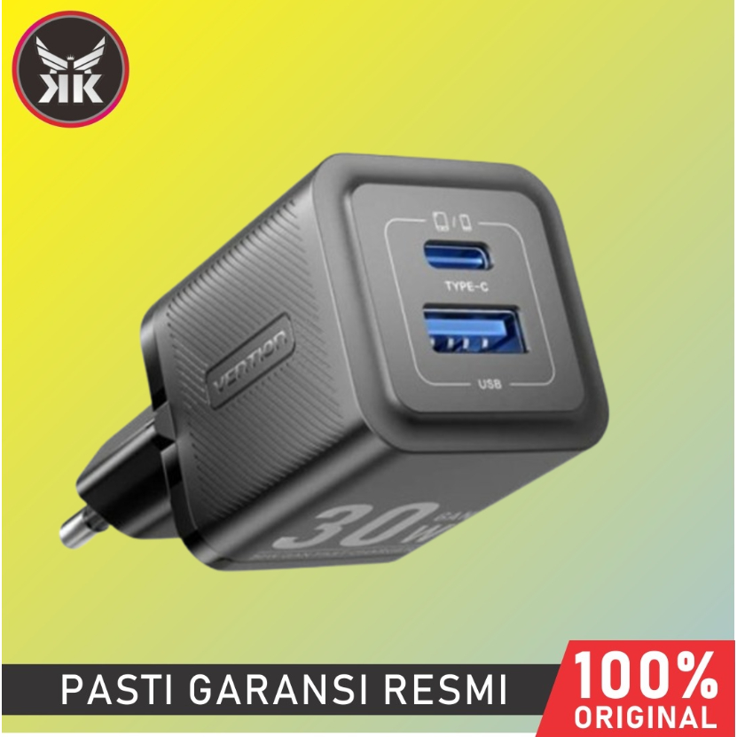 VENTION KEPALA CHARGER ADAPTOR 30W PD DUALPORT USB TYPE-C DAN TYPE A FAST CHARGING