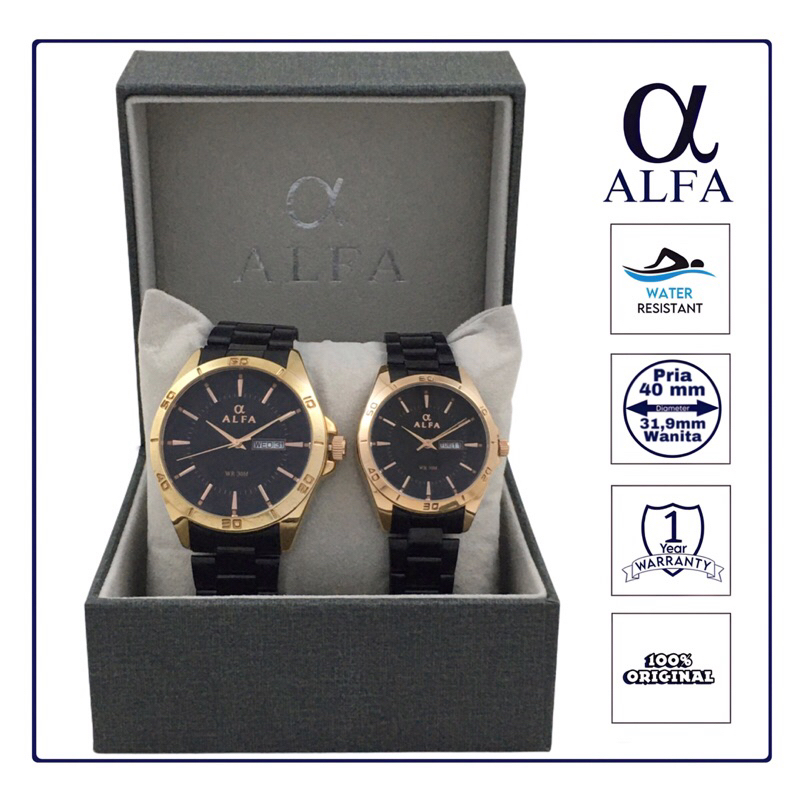 ALFA Jam Tangan Couple Tahan Air Warna Rose Hitam R8002 Original