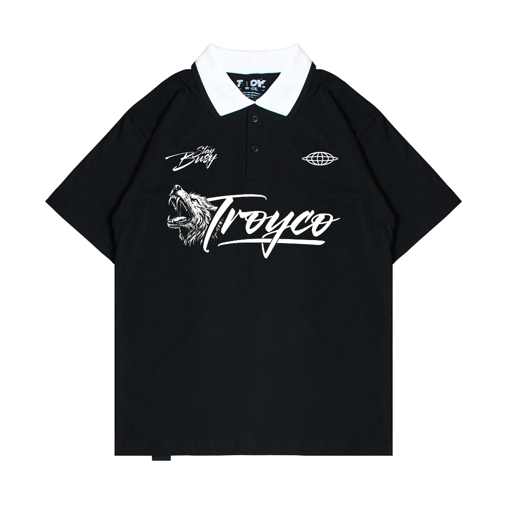 Troy Company Cotton Rugby Polo Shirt Black Wolf Roar - Kaos Polo Hitam PR 2962