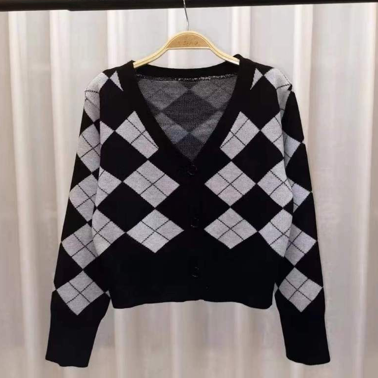 NIFTY.CO Kardigan Tebal Lengan Panjang Wanita Atasan Vintage Cardigan Outer Motif Kotak Kancing