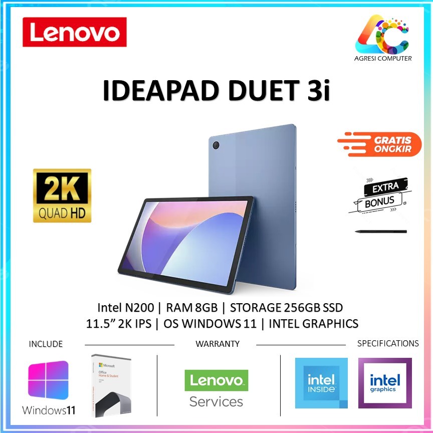 Lenovo Ideapad Duet 3i Intel N200 RAM 8GB 256GB SSD 11.6" 2K IPS WIN 11 OHS + Pen Stylus