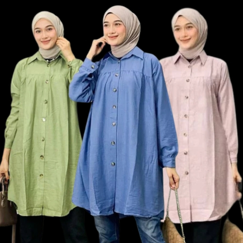 Terbaru Atasan Wanita Tunik Polos Modern Kancing Depan Belakang Bahan Polo Linen Premium Zella Tunik