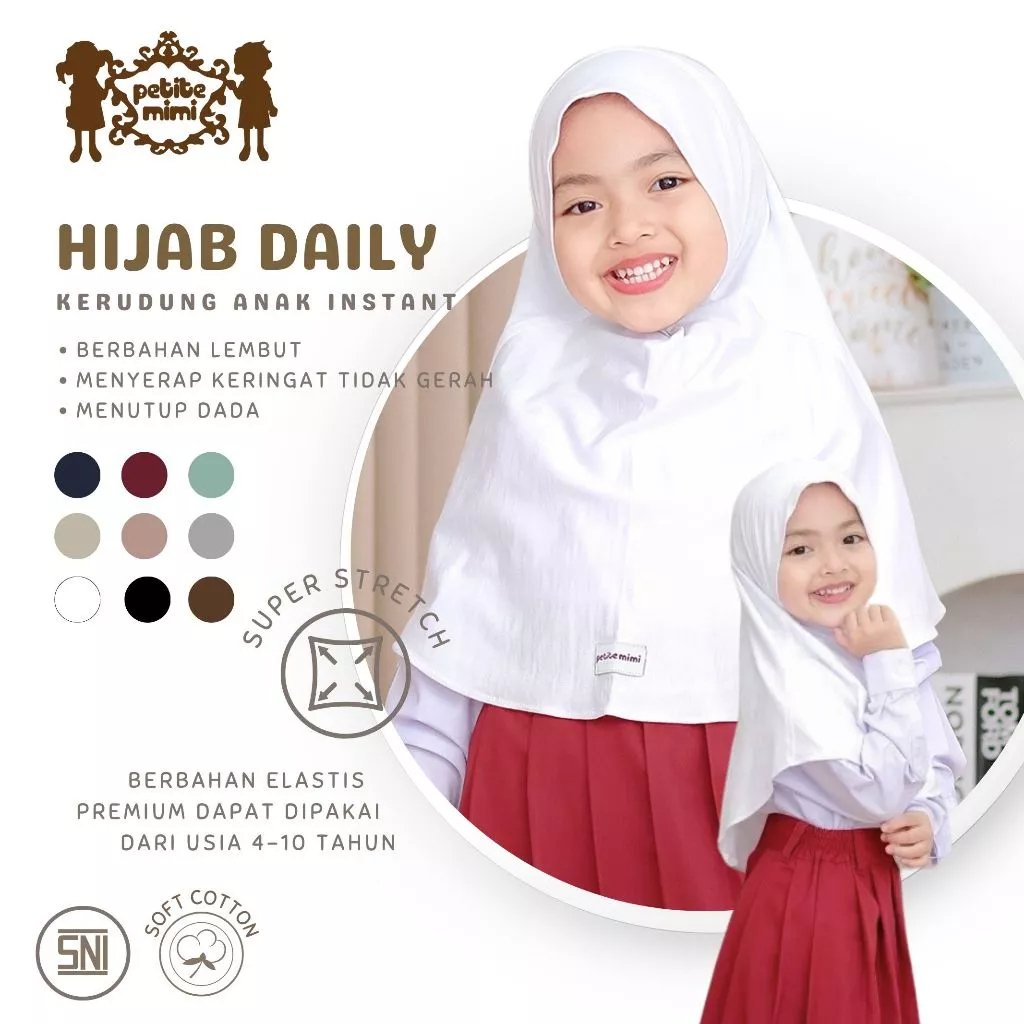 Petite Mimi Hijab sekolah Bergo Anak - Jilbab sekolah anak perempuan Bahan kaos Premium TK SD - Jilb