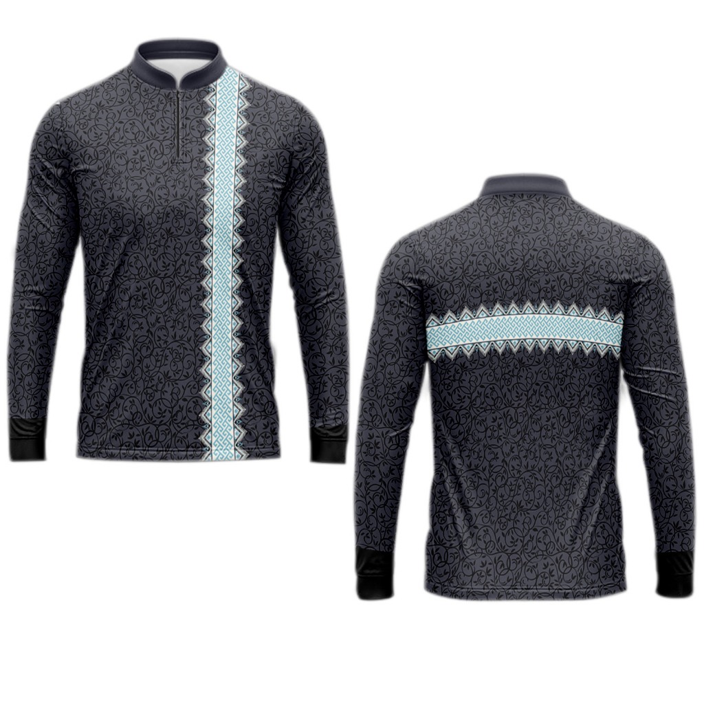 Baju koko muslim/abu-abu arang dan putih bersih, dengan pola geometris biru langit yang halus /Kaos 