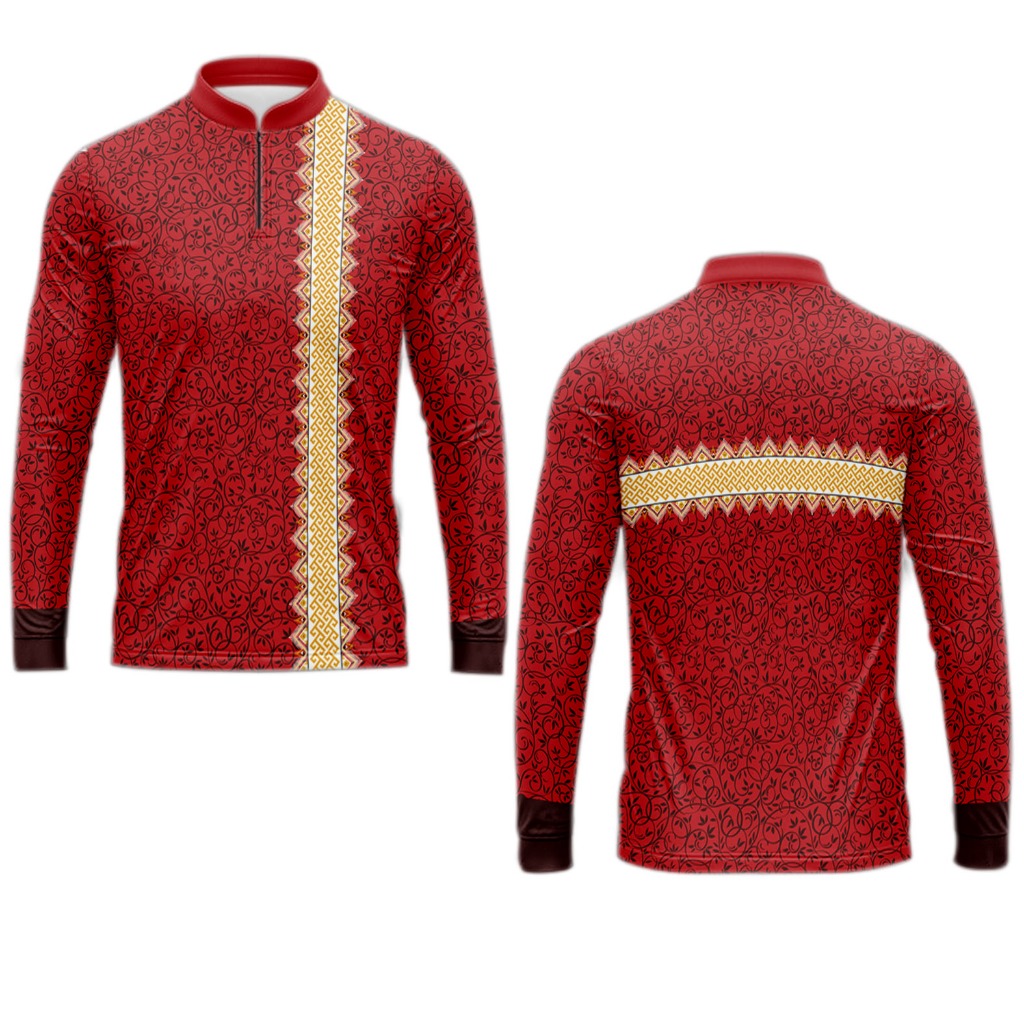 Baju koko muslim/merah tua dan kuning keemasan /Kaos pria Dewasa jersey/motif full printing/panjang&