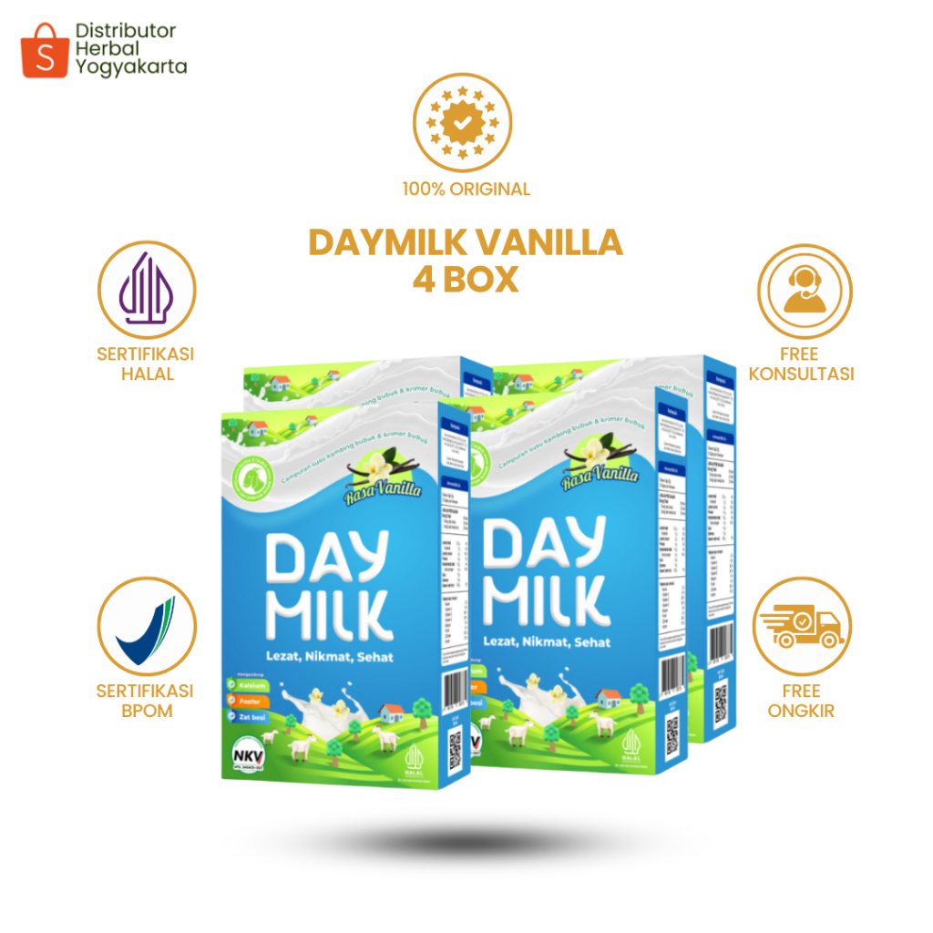 

Daymilk Rasa Vanilla - Susu Kambing Etawa Untuk Tulang , Sendi , Pernafasan & Jantung - 4 BOX