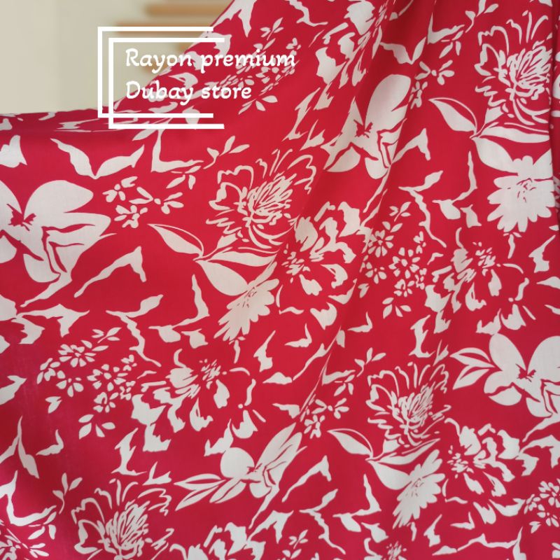 KAIN KATUN RAYON PREMIUM BEST SELLER MOTIF BUNGA MERAH PUTIH (harga tertera 50cm)