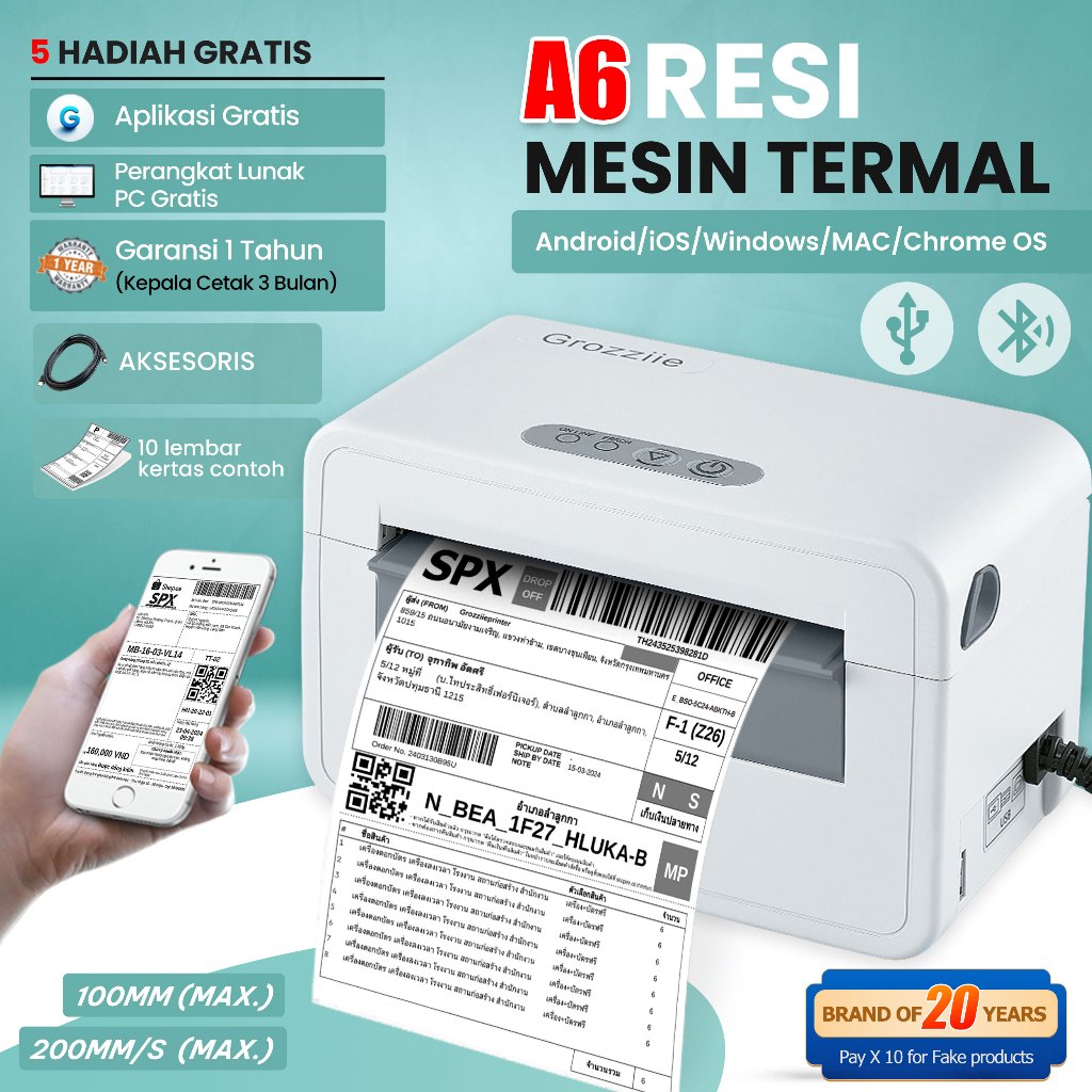 Barcode Printer Thermal Waybill Printer USB+Bluetooth Mesin Cetak Label Stiker Resi 4 & 3 In