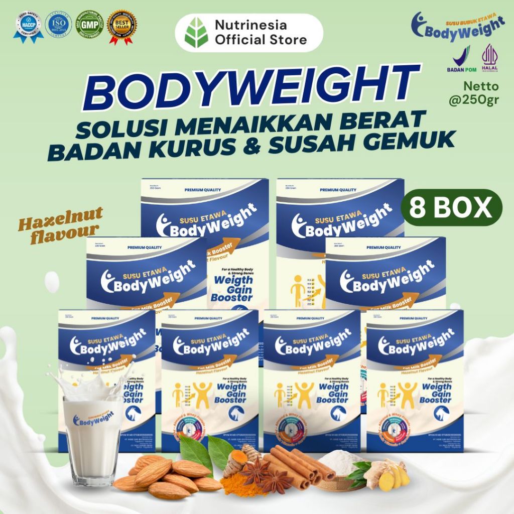 

Susu Etawa BodyWeight Solusi Menaikkan Berat dan Susah Gemuk Hazelnut Flavour Kemasan 250gr Paket 8 Box