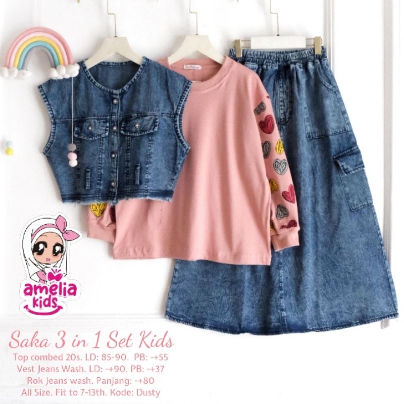 [BISA COD] SAKA / AURA 3 IN 1 SET KIDS ORIGINAL AMELIA KIDS / JAKET + ROK BAHAN JEANS & ATASAN KATUN