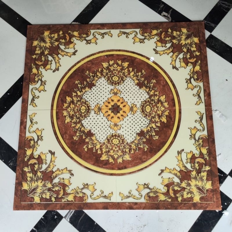 Granit pola dekoratif tile ukuran 120x120 cm motif cokelat cream glossy