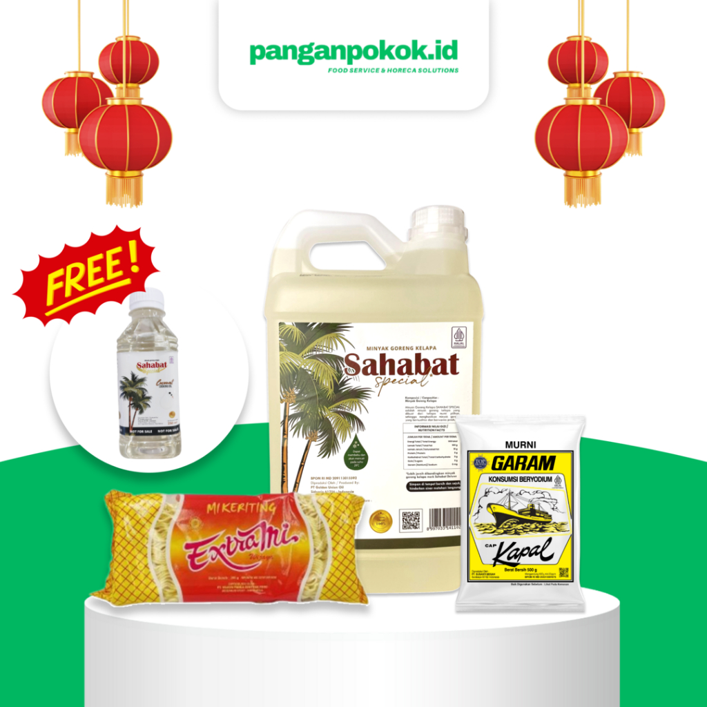 

FREE MINYAK KELAPA, Bundling Minyak Goreng Kelapa Sahabat Jerigen 5L + Garam Cap Kapal 500 Gr + Mi Keriting Extrami (1 pcs)