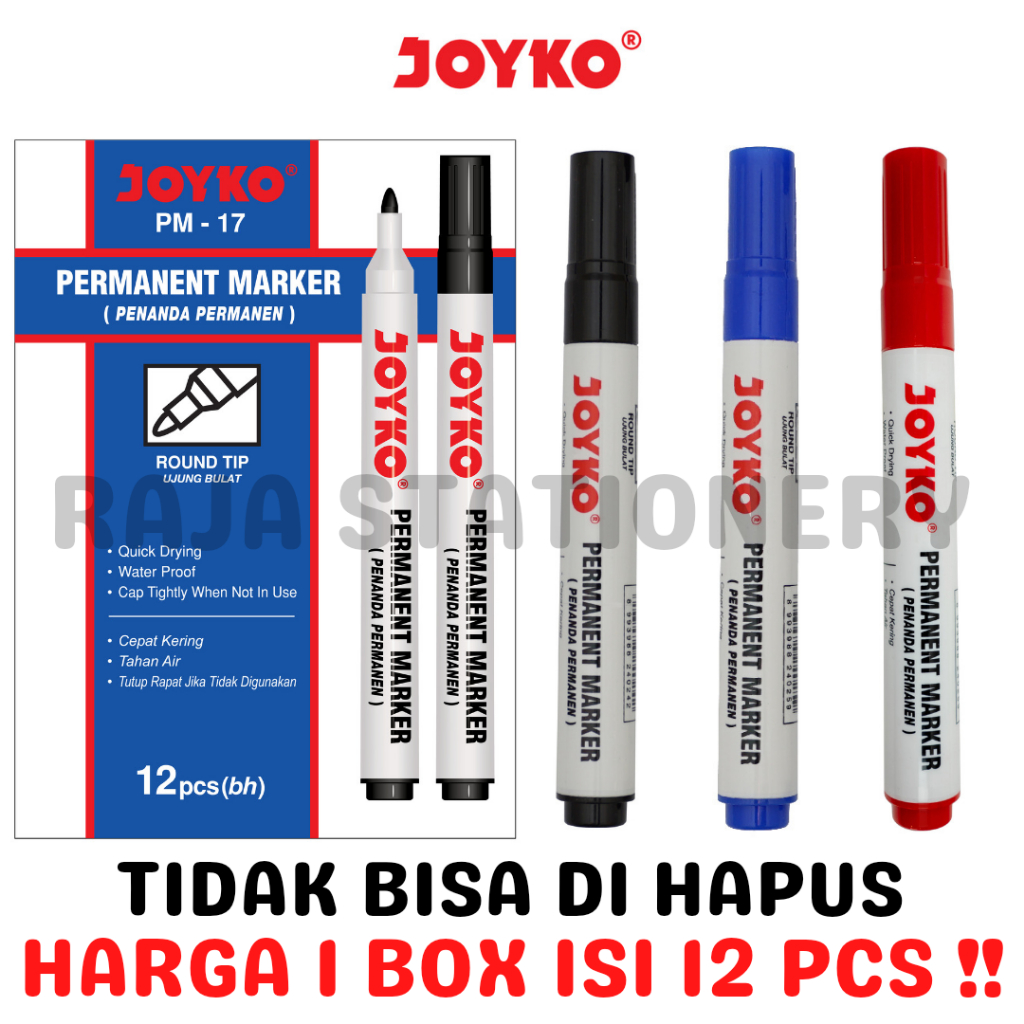 

JOYKO PERMANENT MARKER BLACK BLUE RED SPIDOL PERMANEN JOYKO HITAM BIRU MERAH PM-17 PM-18 PM-19 LUSIN BOX [12PCS] RAJA BIG BOX